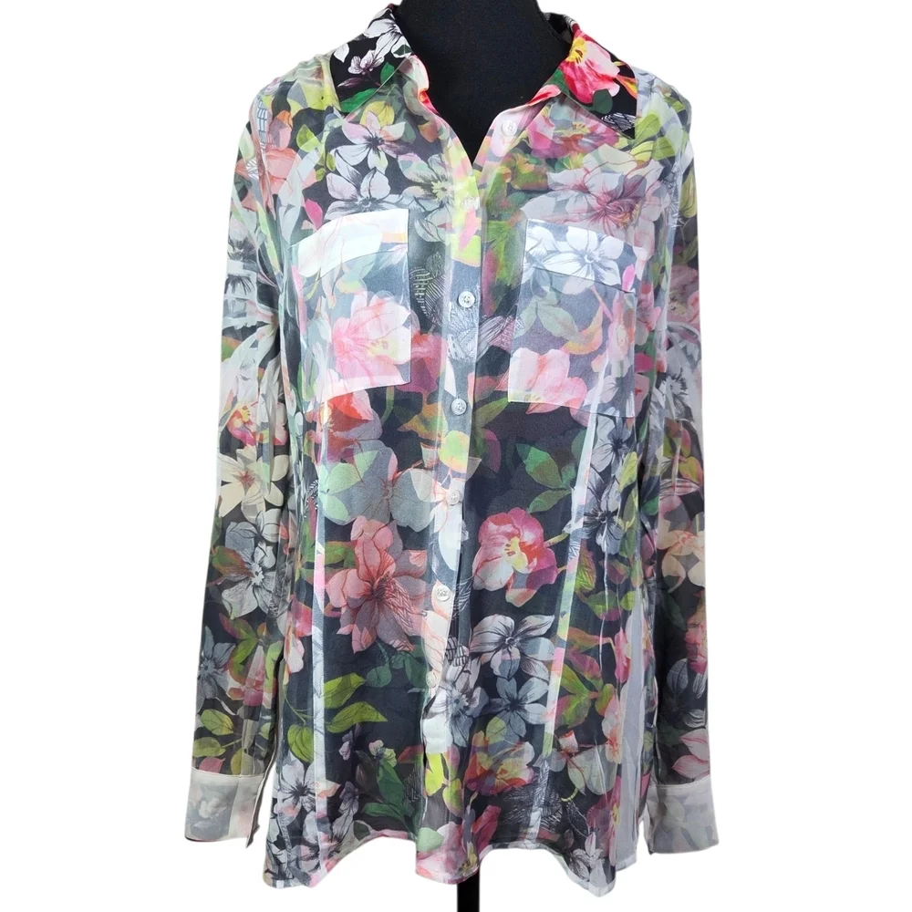 Guess Multicolor Floral Button Down "Inside Out " Blouse Size Med - Picture 1 of 6